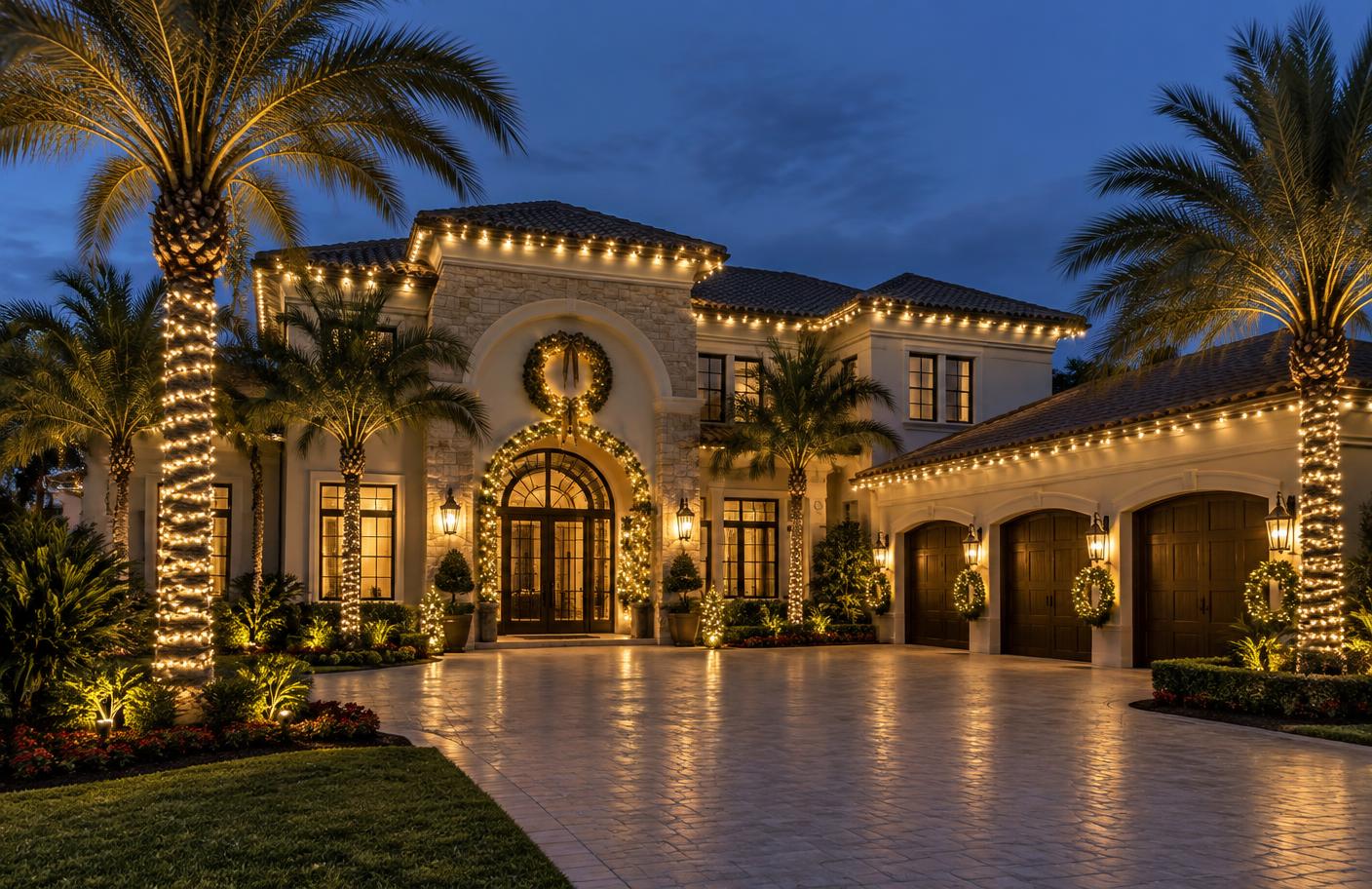 Two-story Florida home with warm white Christmas lighting and illuminated palm trees