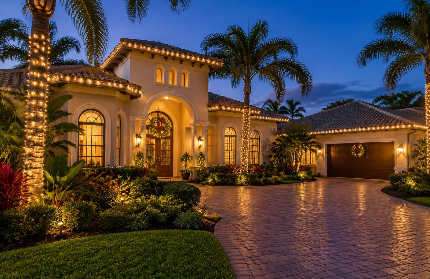 Mediterranean villa glowing with holiday lights